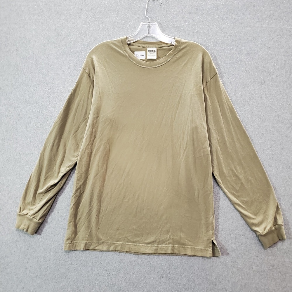 PINK‎ Victoria's Secret Women Top Medium Beige Shirt Sequin Love Logo Crew Neck